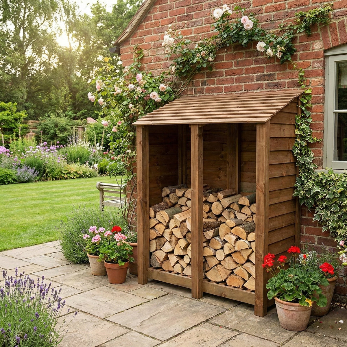 Wooden Log Store W-146cm, H-126cm or 180cm, D-88cm - Brown Finish - SGP Garden Ltd