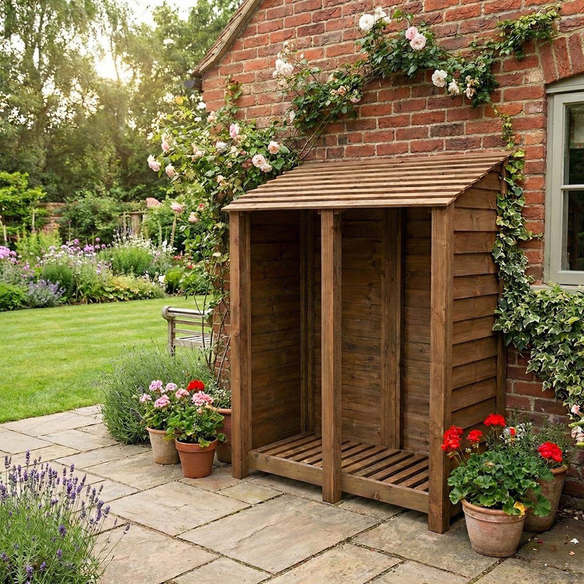 Wooden Log Store W-146cm, H-126cm or 180cm, D-88cm - Brown Finish - SGP Garden Ltd