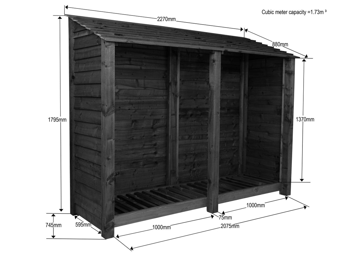 Wooden Log Store W-227cm, H-126cm or 180cm, D-88cm - SGP Garden Ltd
