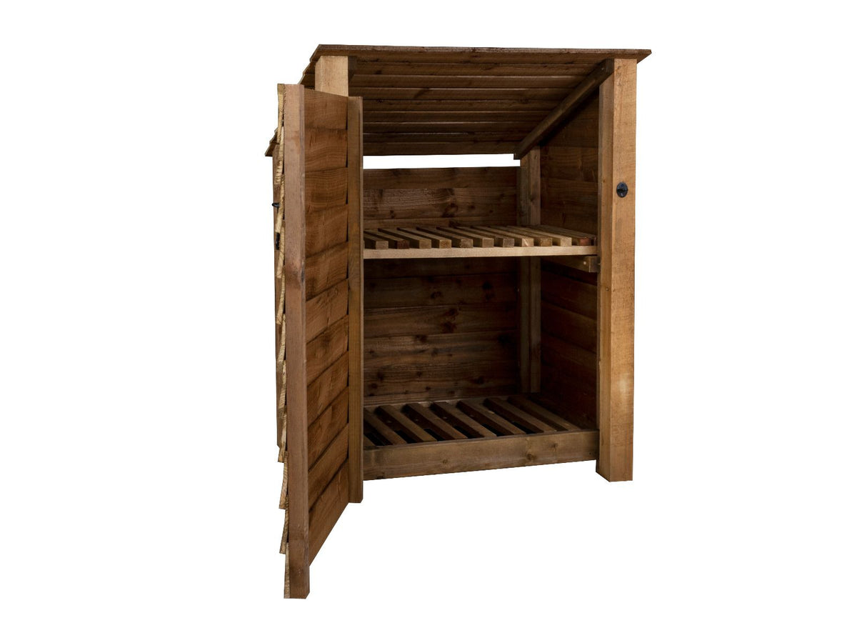 Wooden Log Store with Door and Shelf (Roof Sloping Back) W-99cm, H-126cm Or 180cm, D-88cm - Brown Finish - SGP Garden Ltd