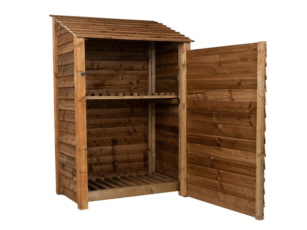 Wooden Log Store with Door and Shelf W-119cm, H-126cm or 180cm, D-88cm - Brown Finish - SGP Garden Ltd