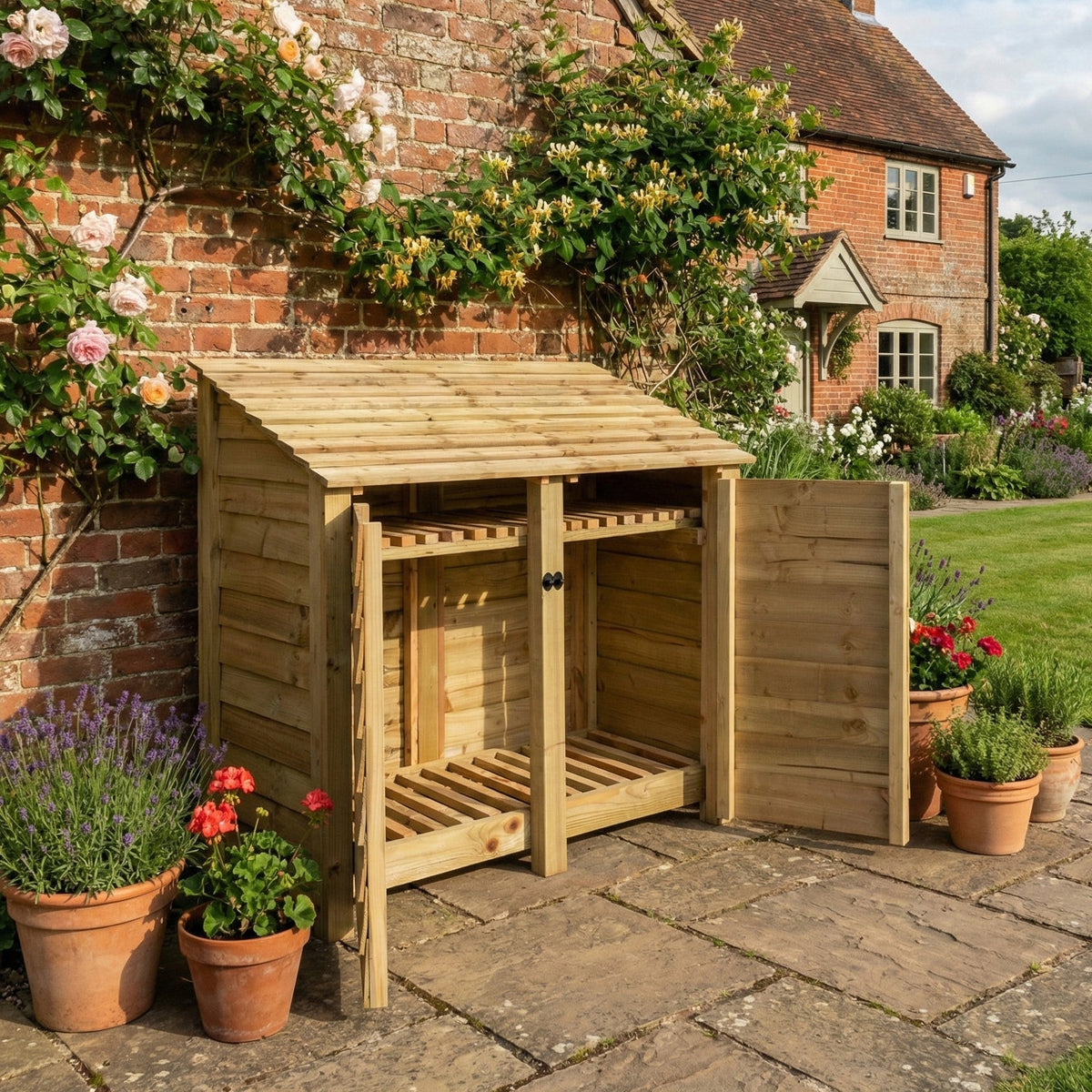 Wooden Log Store with Door and Shelf W-146cm, H-126cm or 180cm, D-88cm - SGP Garden Ltd