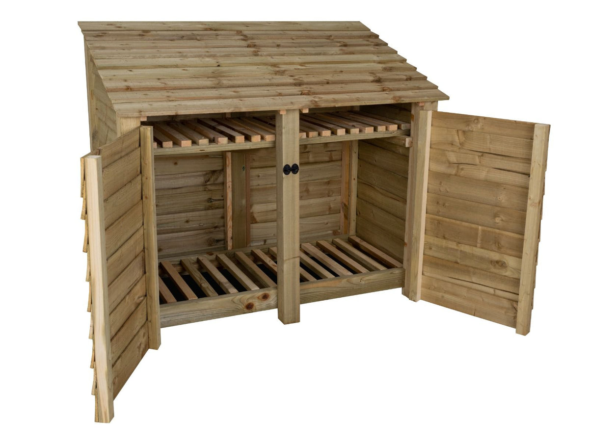 Wooden Log Store with Door and Shelf W-146cm, H-126cm or 180cm, D-88cm - SGP Garden Ltd