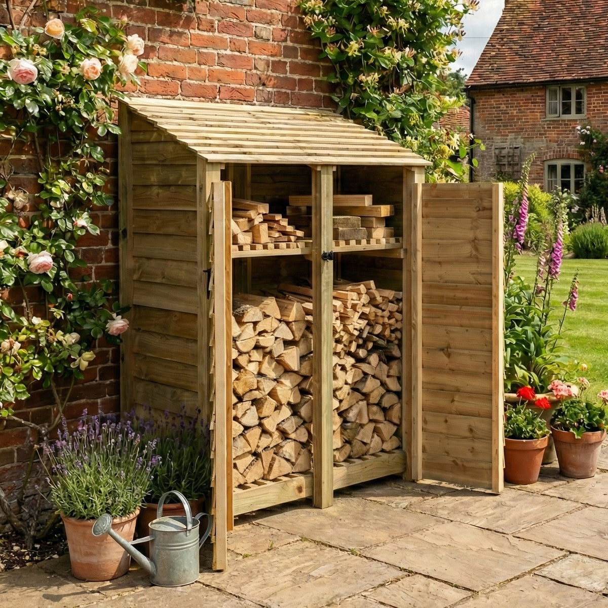 Wooden Log Store with Door and Shelf W-146cm, H-126cm or 180cm, D-88cm - SGP Garden Ltd