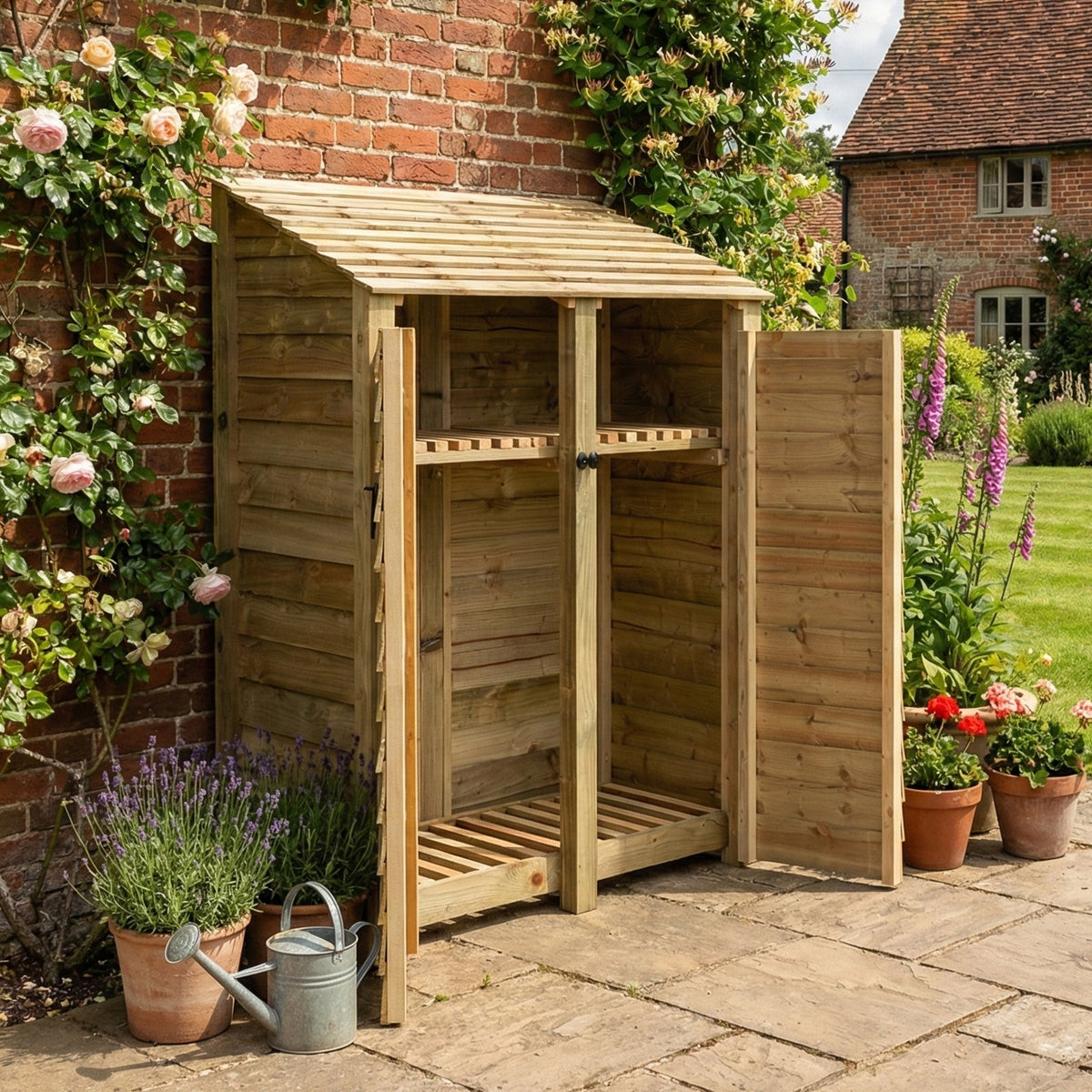 Wooden Log Store with Door and Shelf W-146cm, H-126cm or 180cm, D-88cm - SGP Garden Ltd