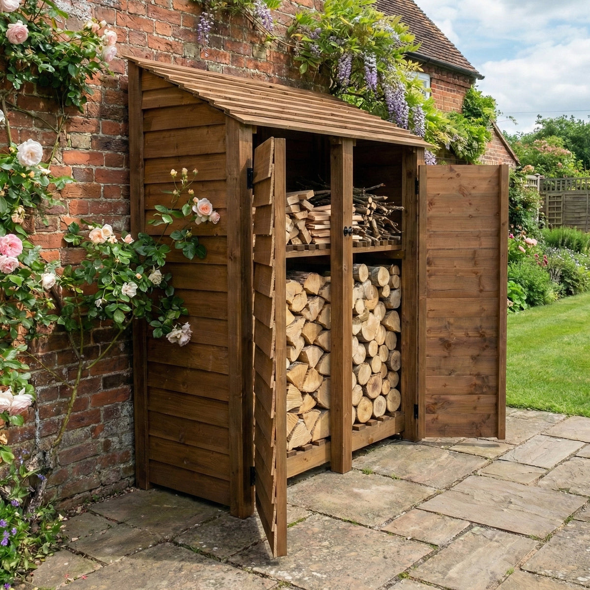 Wooden Log Store with Door and Shelf W-146cm, H-126cm or 180cm, D-88cm - Brown Finish - SGP Garden Ltd