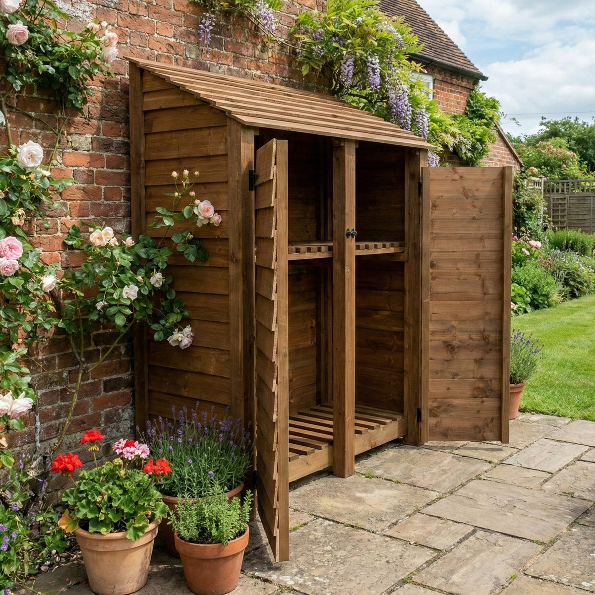 Wooden Log Store with Door and Shelf W-146cm, H-126cm or 180cm, D-88cm - Brown Finish - SGP Garden Ltd