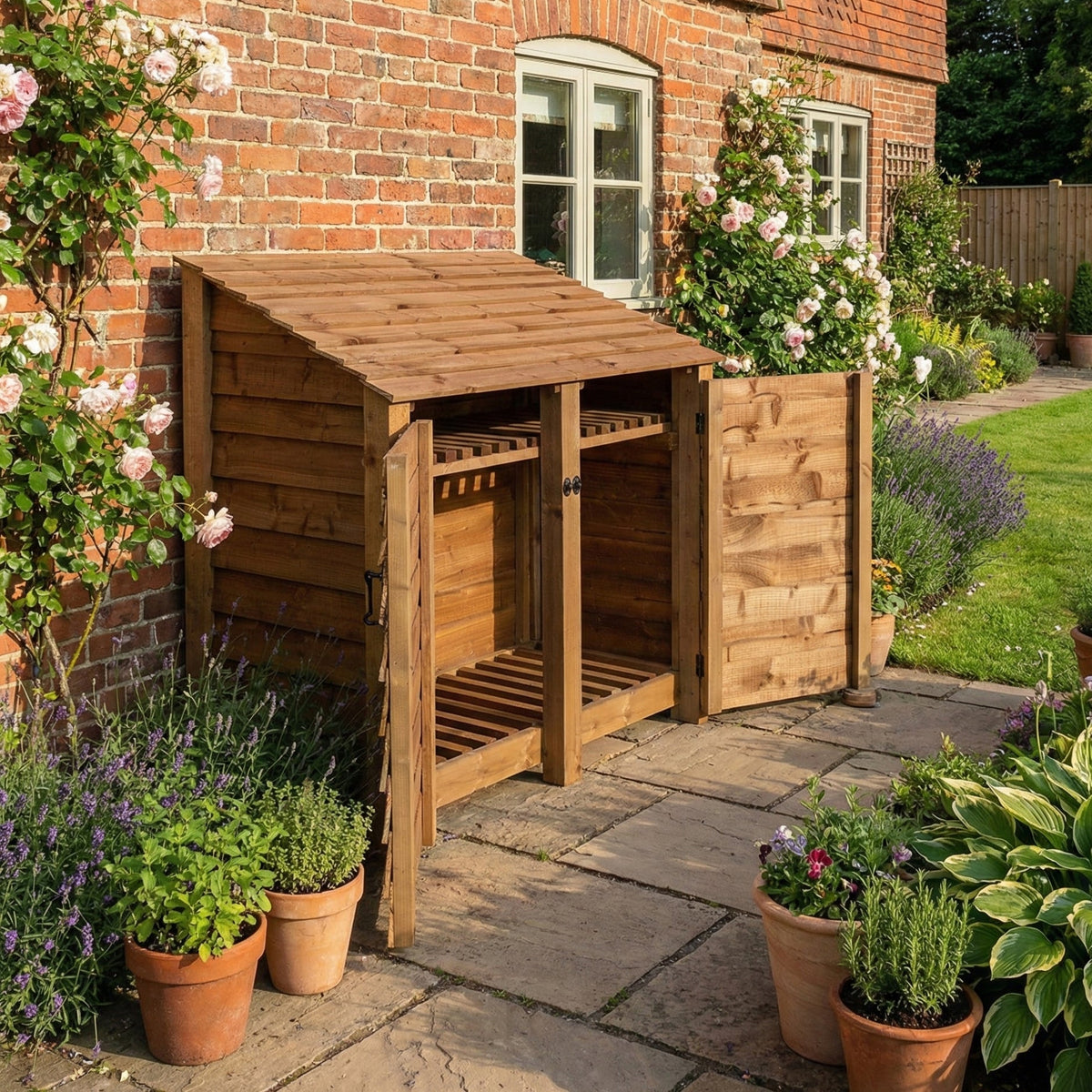 Wooden Log Store with Door and Shelf W-146cm, H-126cm or 180cm, D-88cm - Brown Finish - SGP Garden Ltd