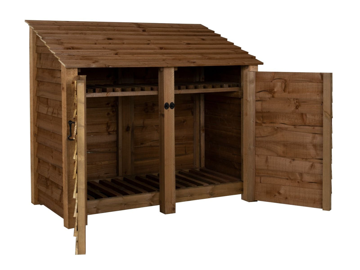 Wooden Log Store with Door and Shelf W-146cm, H-126cm or 180cm, D-88cm - Brown Finish - SGP Garden Ltd