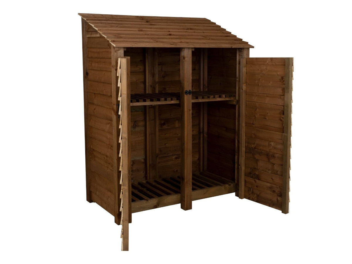 Wooden Log Store with Door and Shelf W-146cm, H-126cm or 180cm, D-88cm - Brown Finish - SGP Garden Ltd