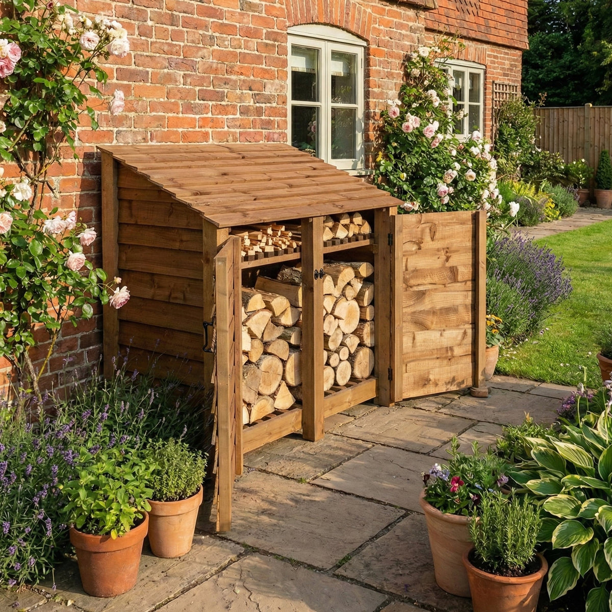 Wooden Log Store with Door and Shelf W-146cm, H-126cm or 180cm, D-88cm - Brown Finish - SGP Garden Ltd