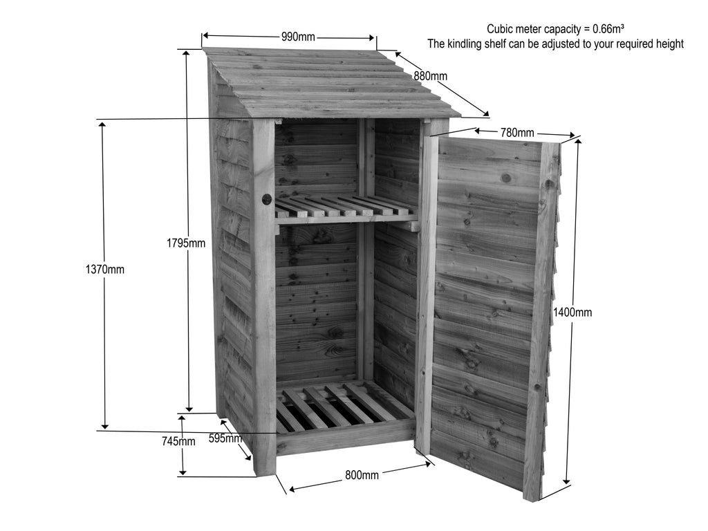 Wooden Log Store with Door and Shelf W-99cm, H-126cm Or 180cm, D-88cm - Brown Finish - SGP Garden Ltd