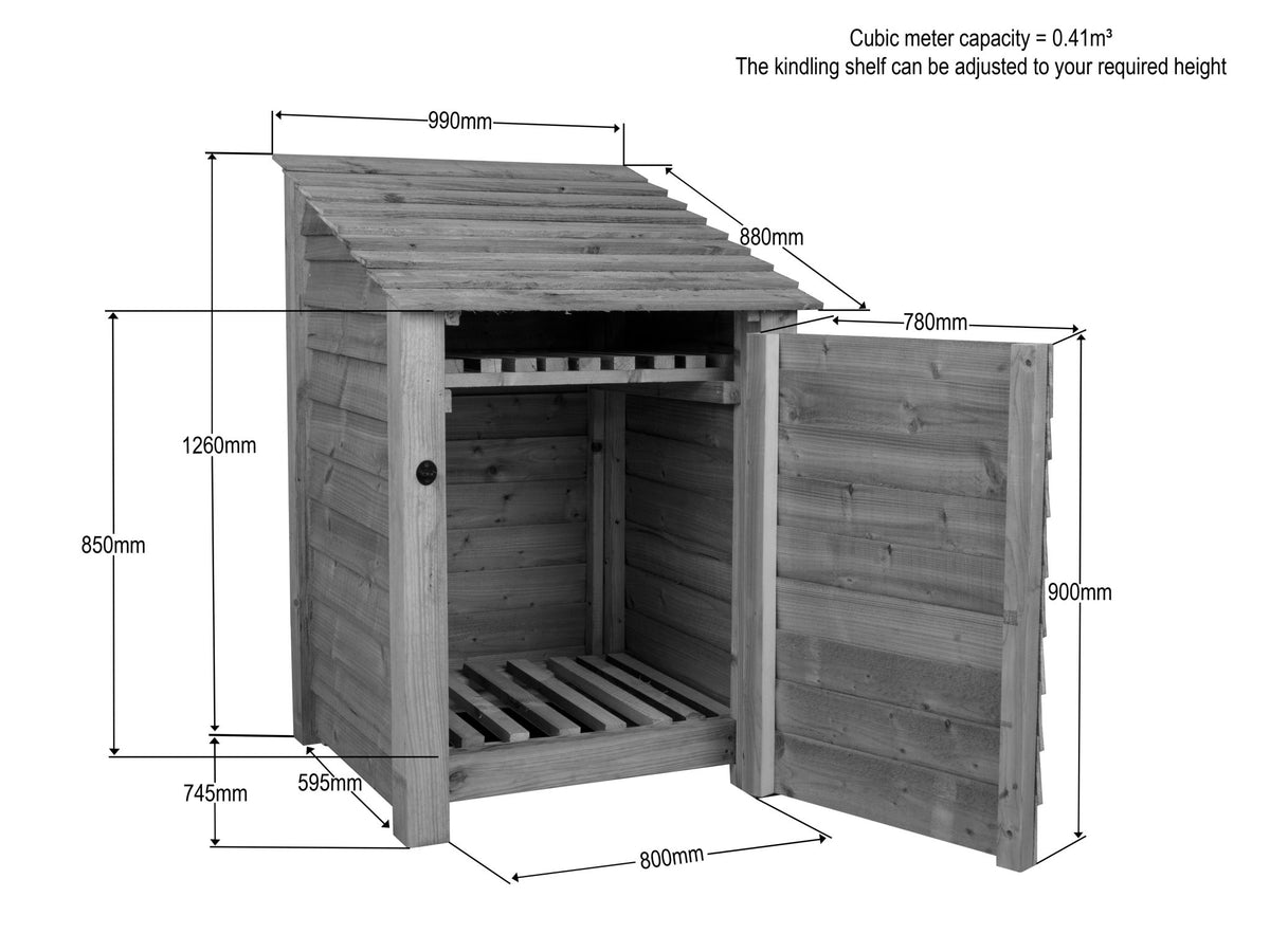 Wooden Log Store with Door and Shelf W-99cm, H-126cm Or 180cm, D-88cm - Brown Finish - SGP Garden Ltd