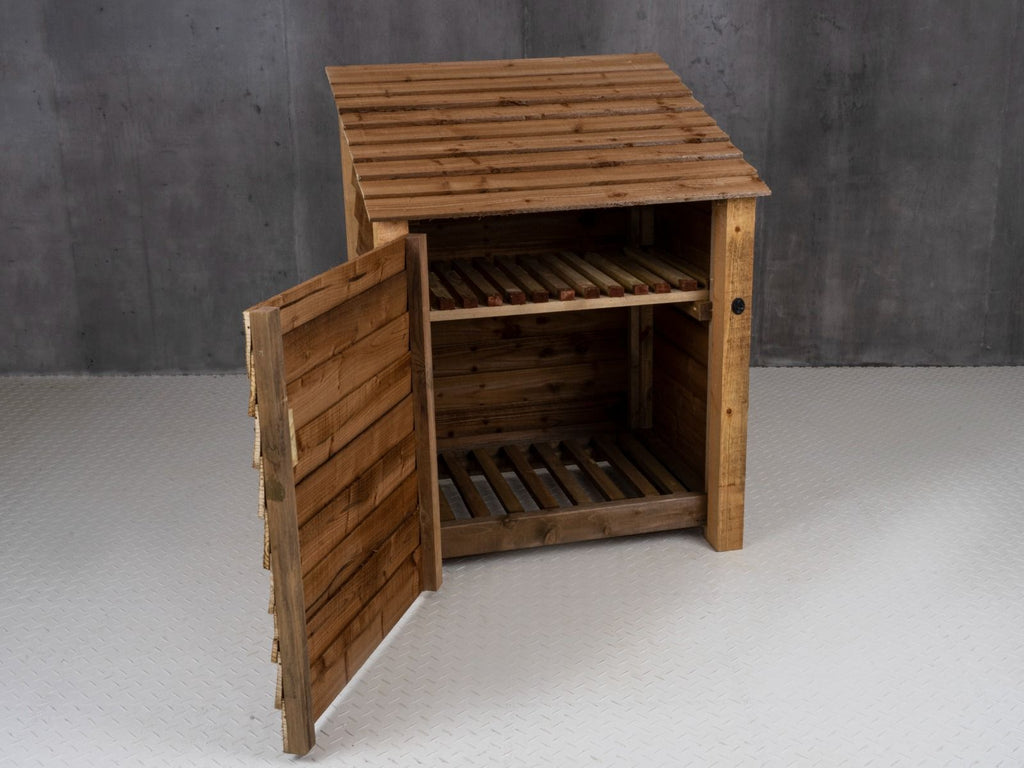 Wooden Log Store with Door and Shelf W-99cm, H-126cm Or 180cm, D-88cm - Brown Finish - SGP Garden Ltd