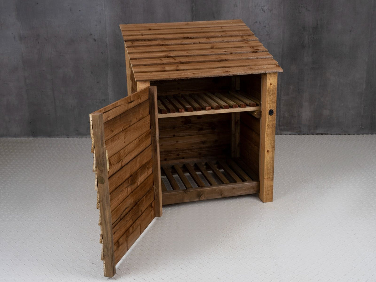 Wooden Log Store with Door and Shelf W-99cm, H-126cm Or 180cm, D-88cm - Brown Finish - SGP Garden Ltd