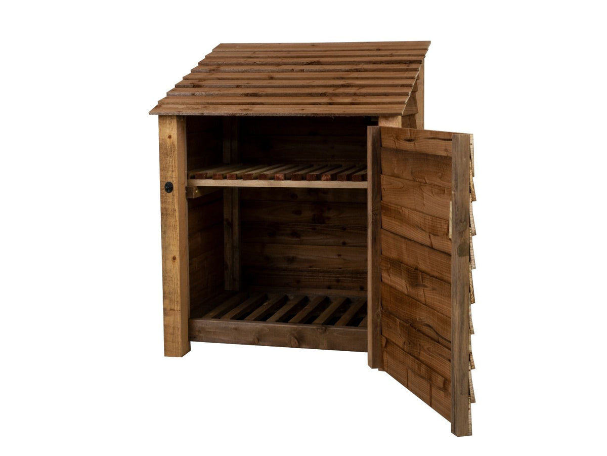 Wooden Log Store with Door and Shelf W-99cm, H-126cm Or 180cm, D-88cm - Brown Finish - SGP Garden Ltd