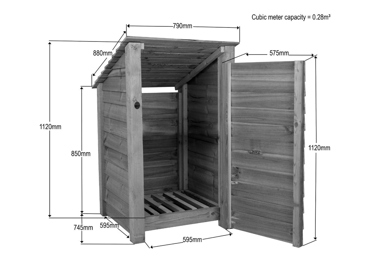 Wooden Log Store with Door (Roof Sloping Back) W-79cm, H-126cm or 180cm, D-88cm - SGP Garden Ltd