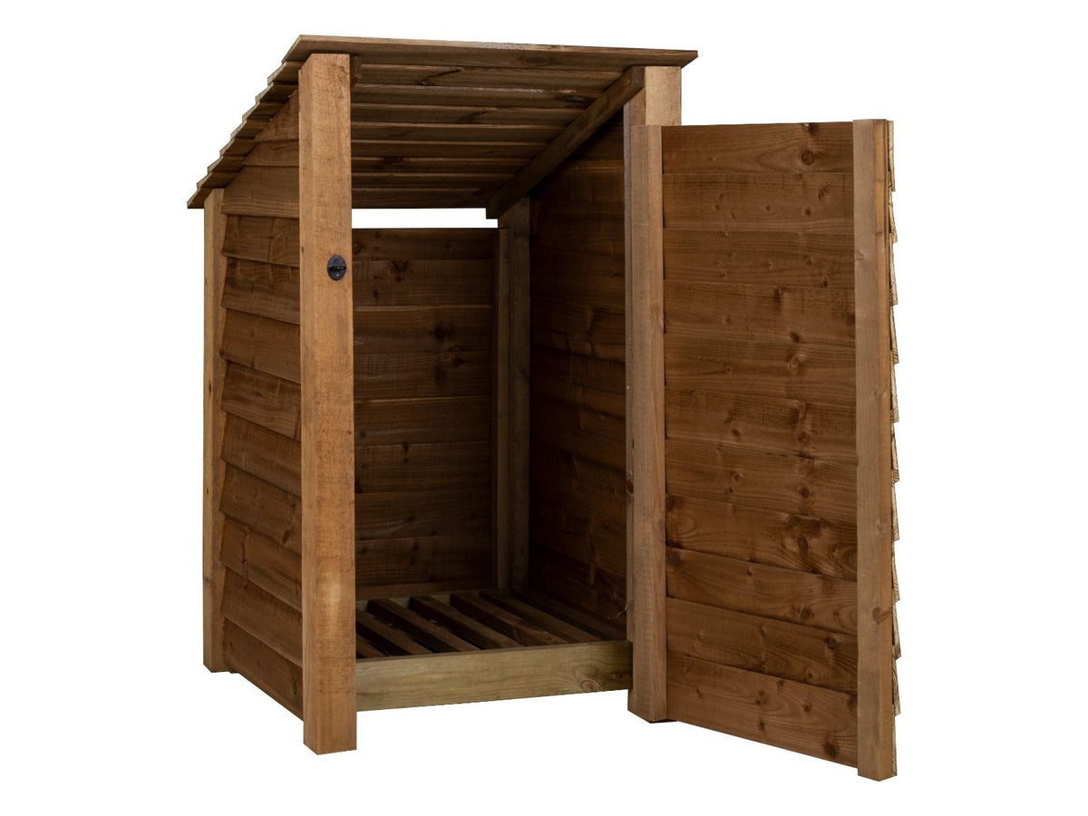 Wooden Log Store with Door (Roof Sloping Back) W-79cm, H-126cm or 180cm, D-88cm - Brown Finish - SGP Garden Ltd