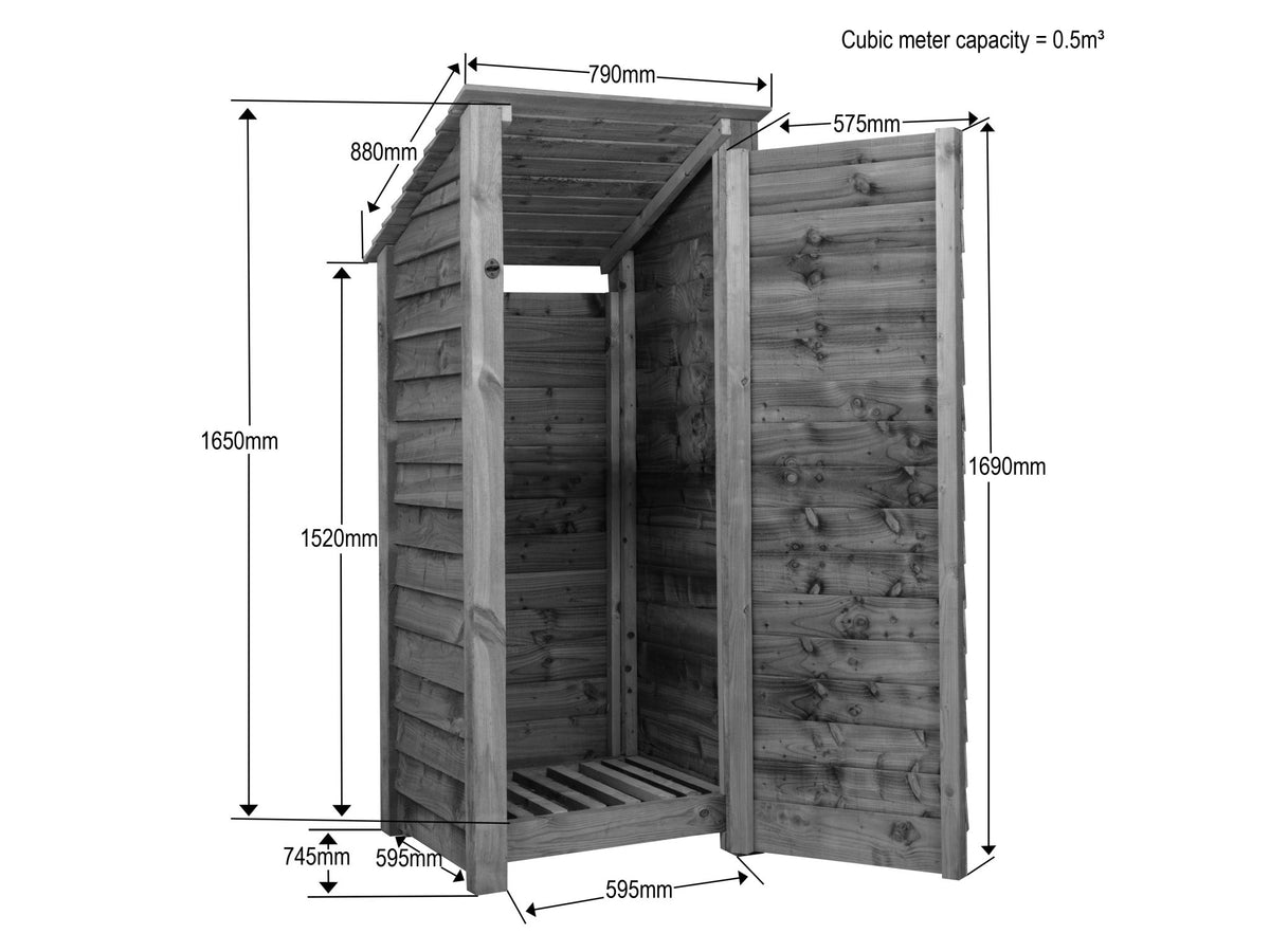 Wooden Log Store with Door (Roof Sloping Back) W-79cm, H-126cm or 180cm, D-88cm - Brown Finish - SGP Garden Ltd
