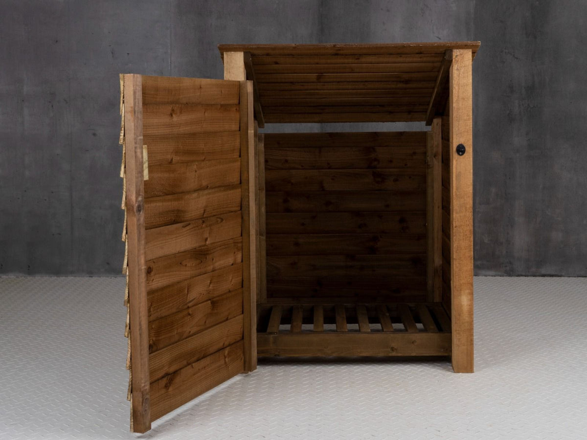 Wooden Log Store with Door (Roof Sloping Back) W-99cm, H-126cm Or 180cm, D-88cm - Brown Finish - SGP Garden Ltd