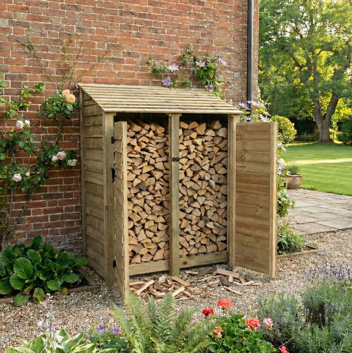 Wooden Log Store with Door W-146cm, H-126cm or 180cm, D-88cm - SGP Garden Ltd