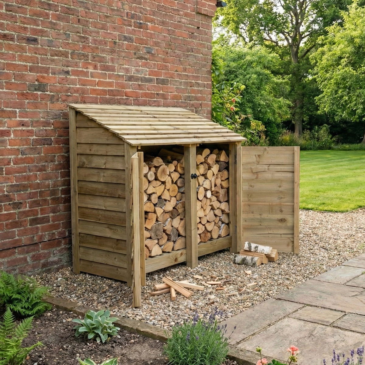 Wooden Log Store with Door W-146cm, H-126cm or 180cm, D-88cm - SGP Garden Ltd