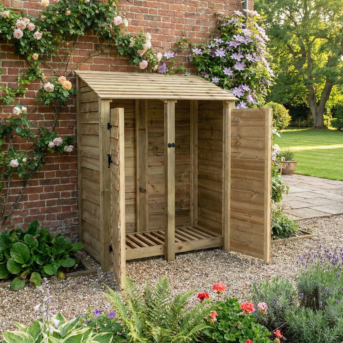 Wooden Log Store with Door W-146cm, H-126cm or 180cm, D-88cm - SGP Garden Ltd
