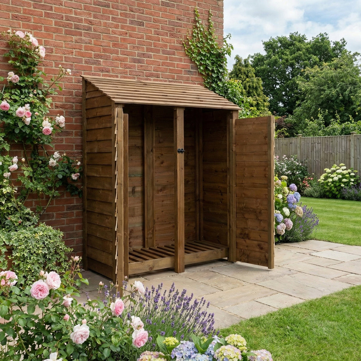 Wooden Log Store with Door W-146cm, H-126cm or 180cm, D-88cm - Brown Finish - SGP Garden Ltd