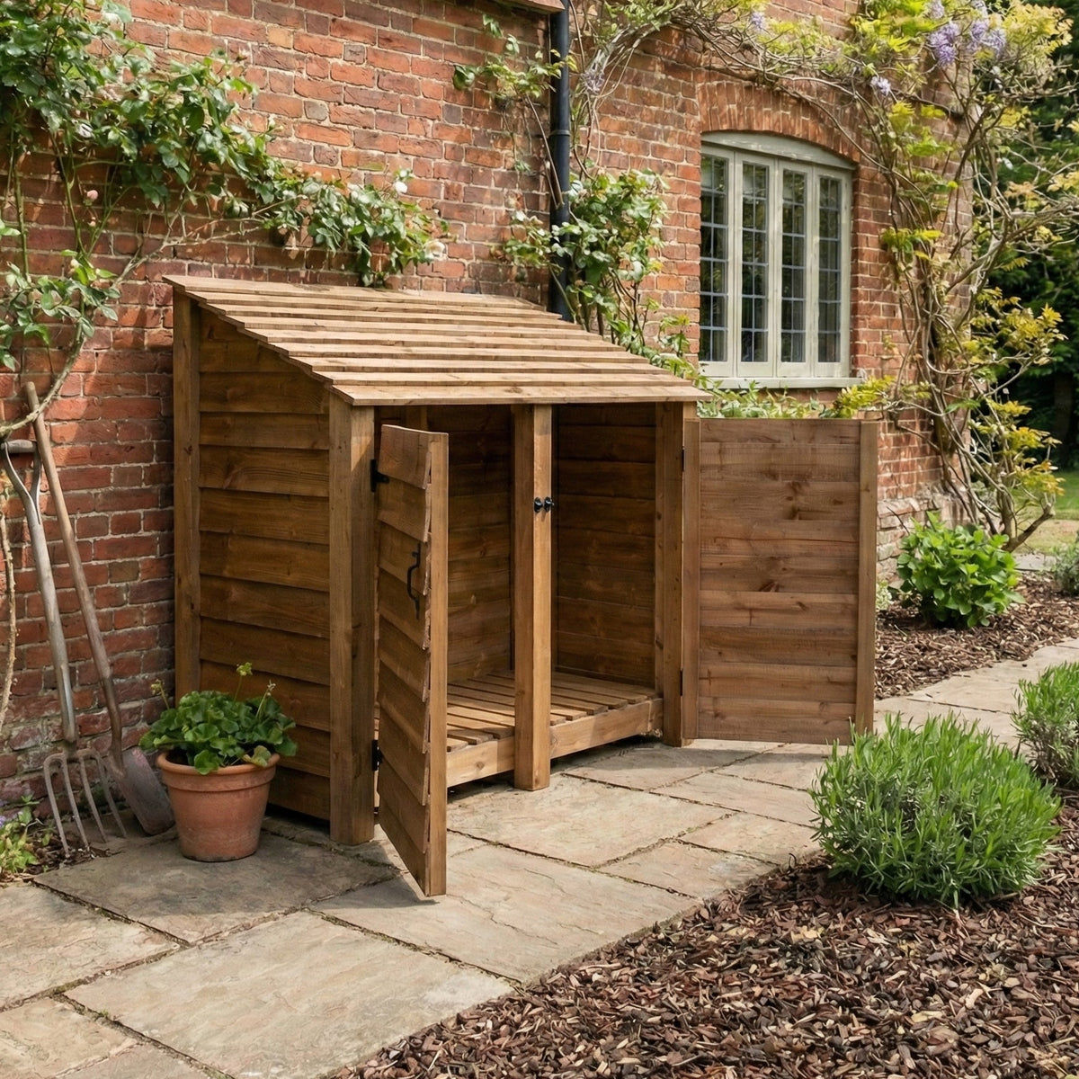 Wooden Log Store with Door W-146cm, H-126cm or 180cm, D-88cm - Brown Finish - SGP Garden Ltd
