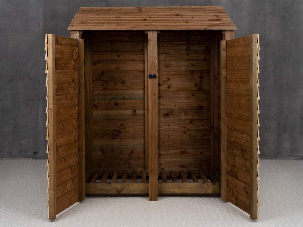 Wooden Log Store with Door W-146cm, H-126cm or 180cm, D-88cm - Brown Finish - SGP Garden Ltd