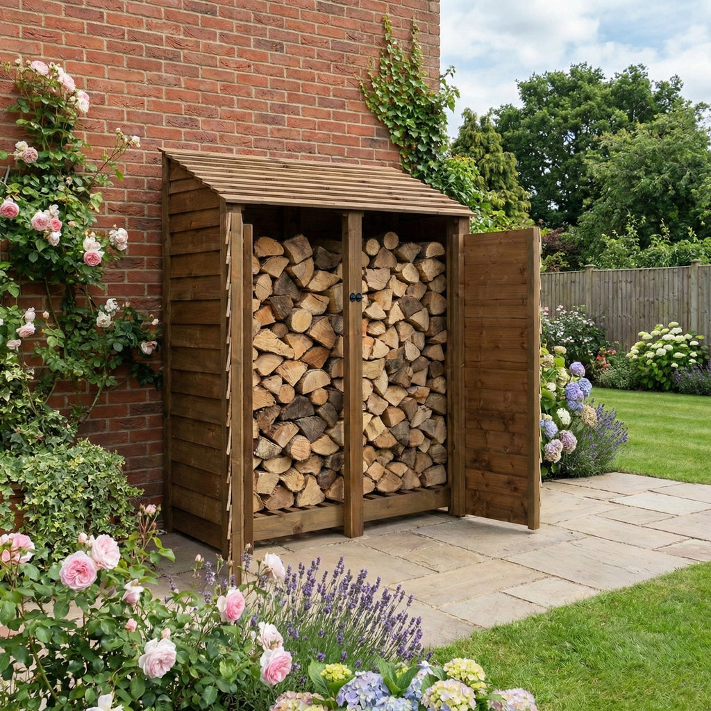 Wooden Log Store with Door W-146cm, H-126cm or 180cm, D-88cm - Brown Finish - SGP Garden Ltd