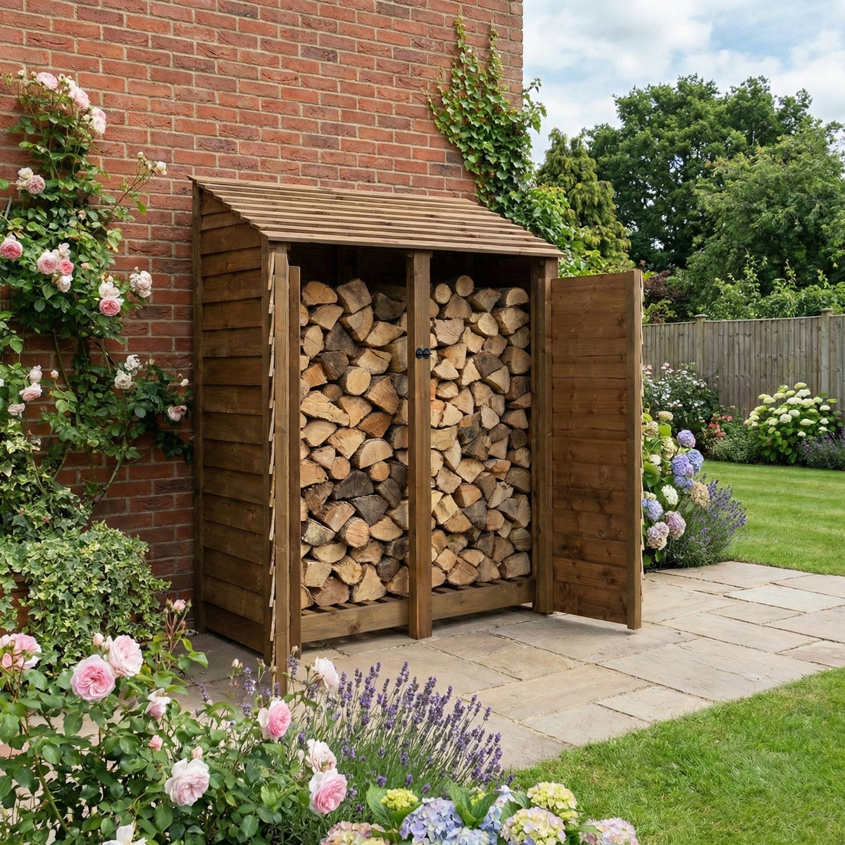 Wooden Log Store with Door W-146cm, H-126cm or 180cm, D-88cm - Brown Finish - SGP Garden Ltd