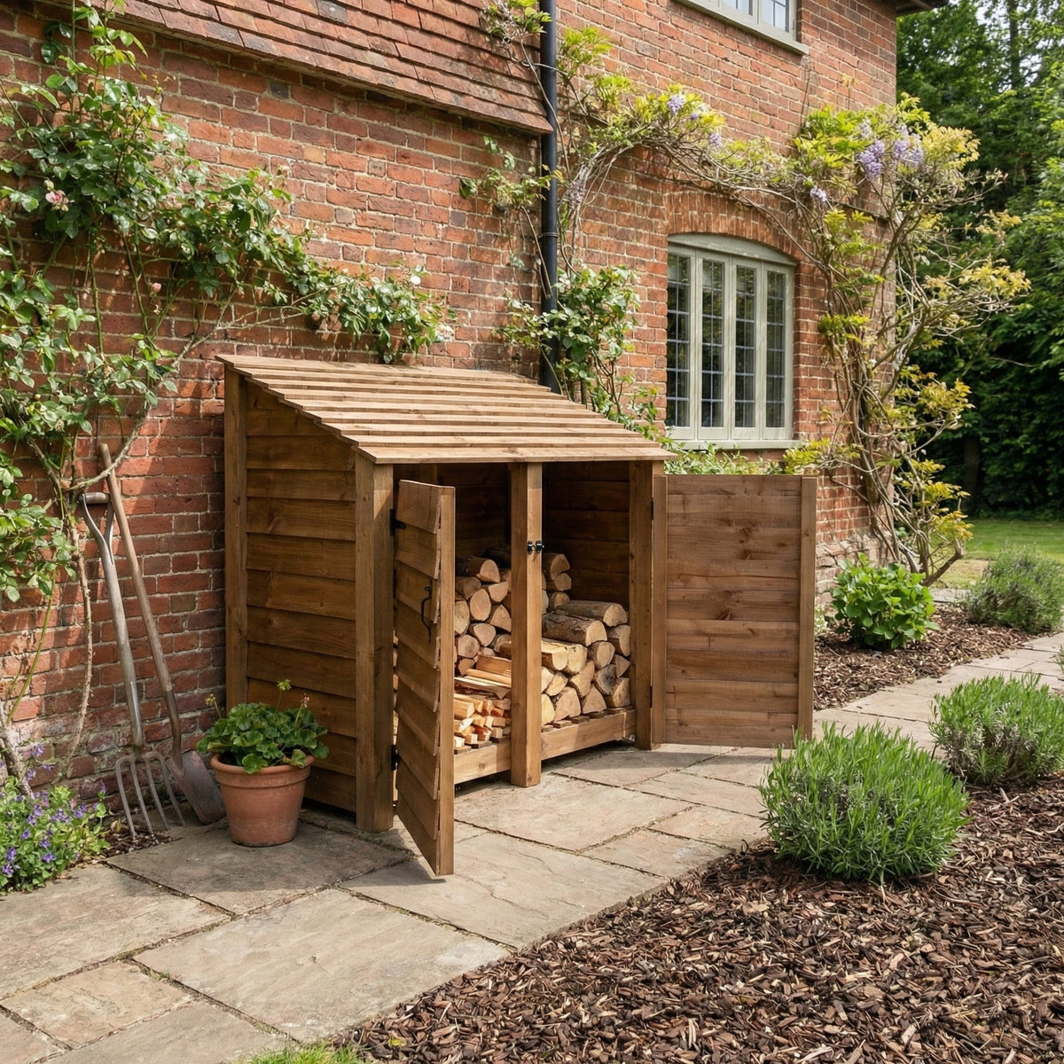 Wooden Log Store with Door W-146cm, H-126cm or 180cm, D-88cm - Brown Finish - SGP Garden Ltd