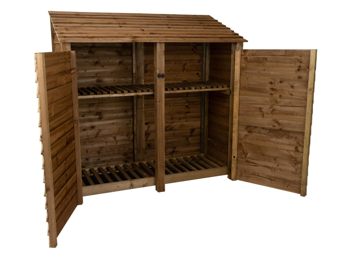 Wooden Log Store with Doors and Shelf W-187cm, H-126cm or 180cm, D-88cm - Brown Finish - SGP Garden Ltd