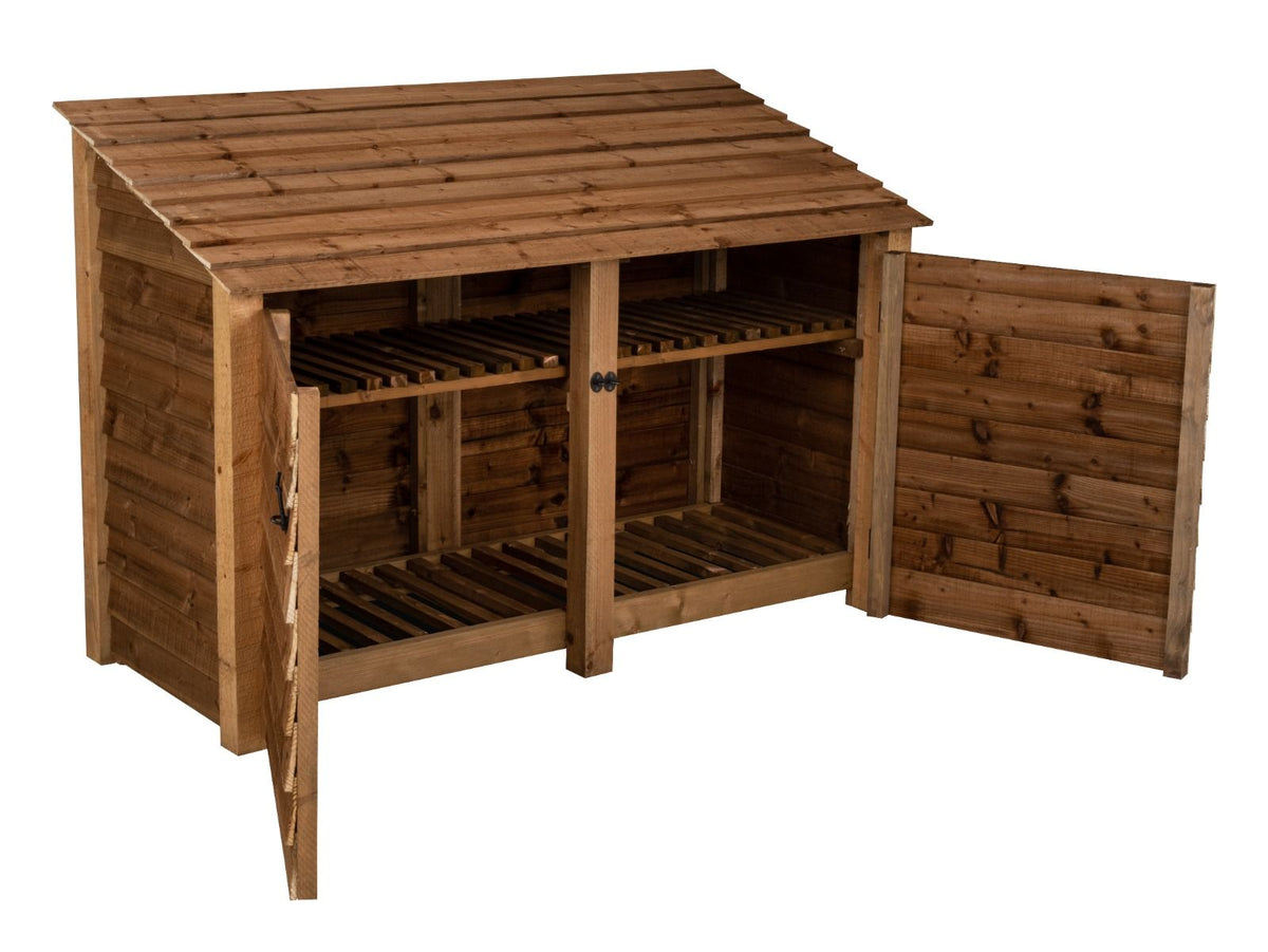 Wooden Log Store with Doors and Shelf W-187cm, H-126cm or 180cm, D-88cm - Brown Finish - SGP Garden Ltd