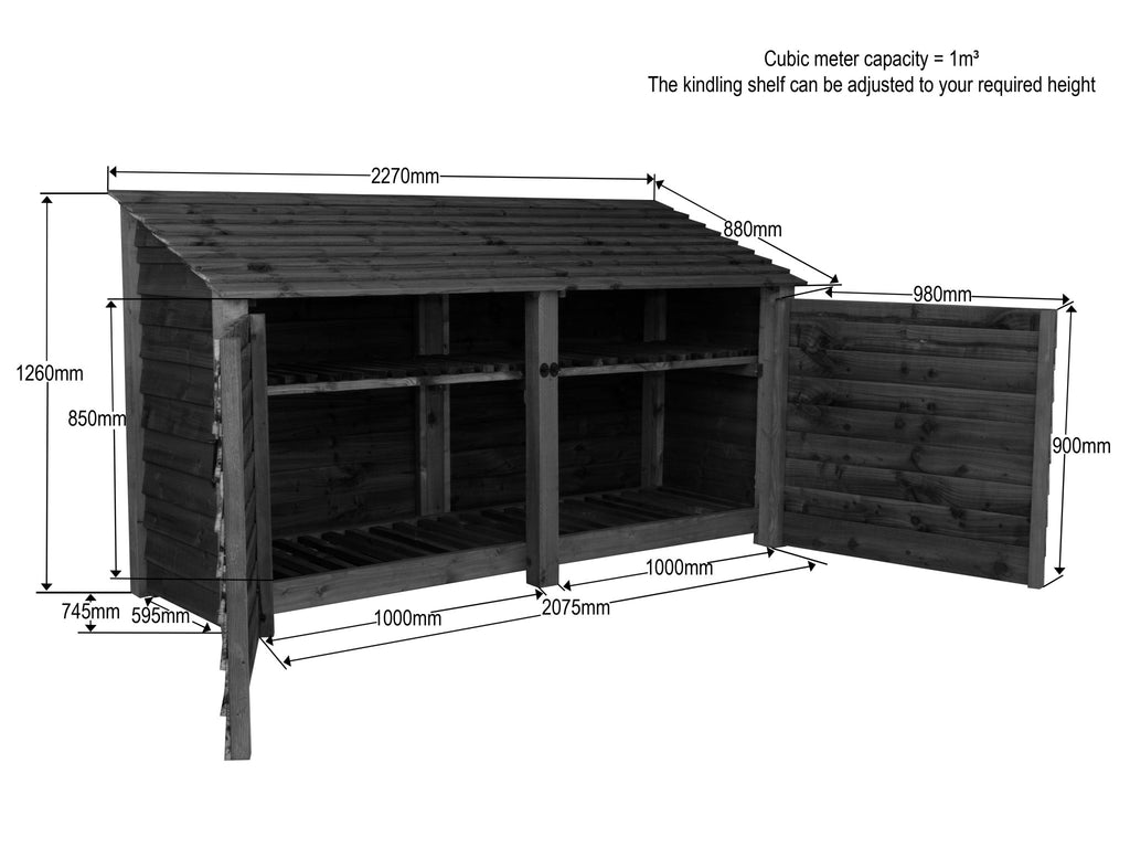 Wooden Log Store with Doors and Shelf W-227cm, H-126cm or 180cm, D-88cm - Brown Finish - SGP Garden Ltd
