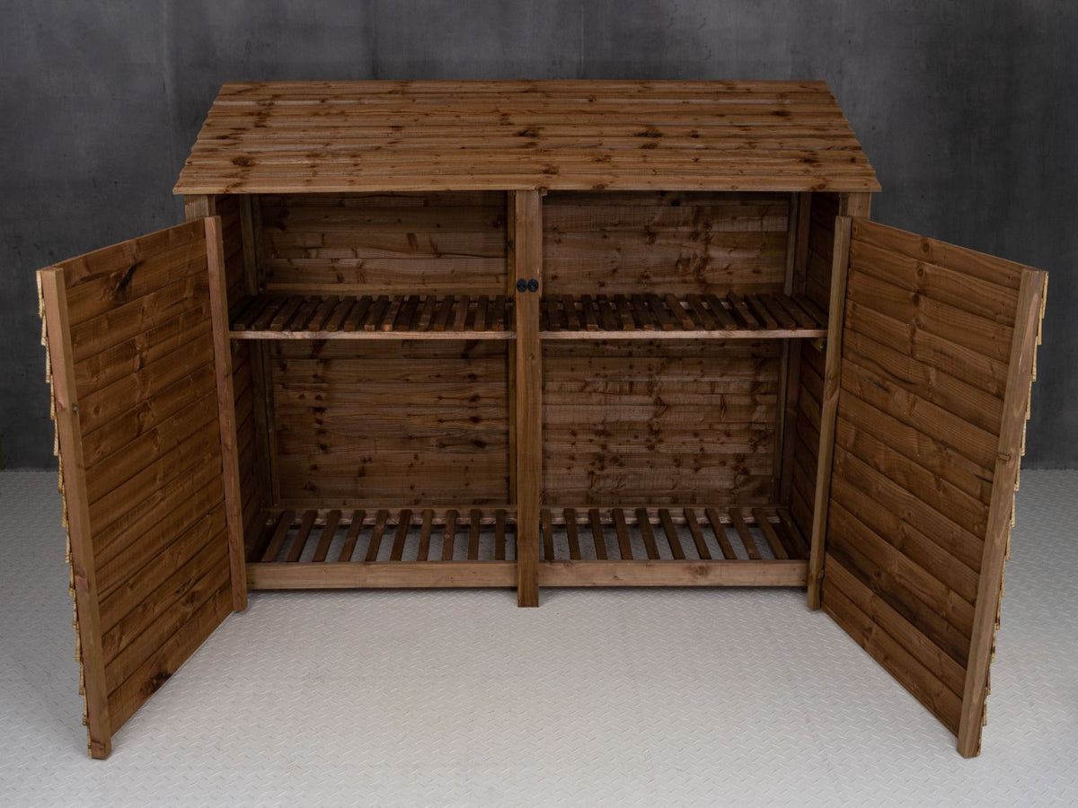 Wooden Log Store with Doors and Shelf W-227cm, H-126cm or 180cm, D-88cm - Brown Finish - SGP Garden Ltd