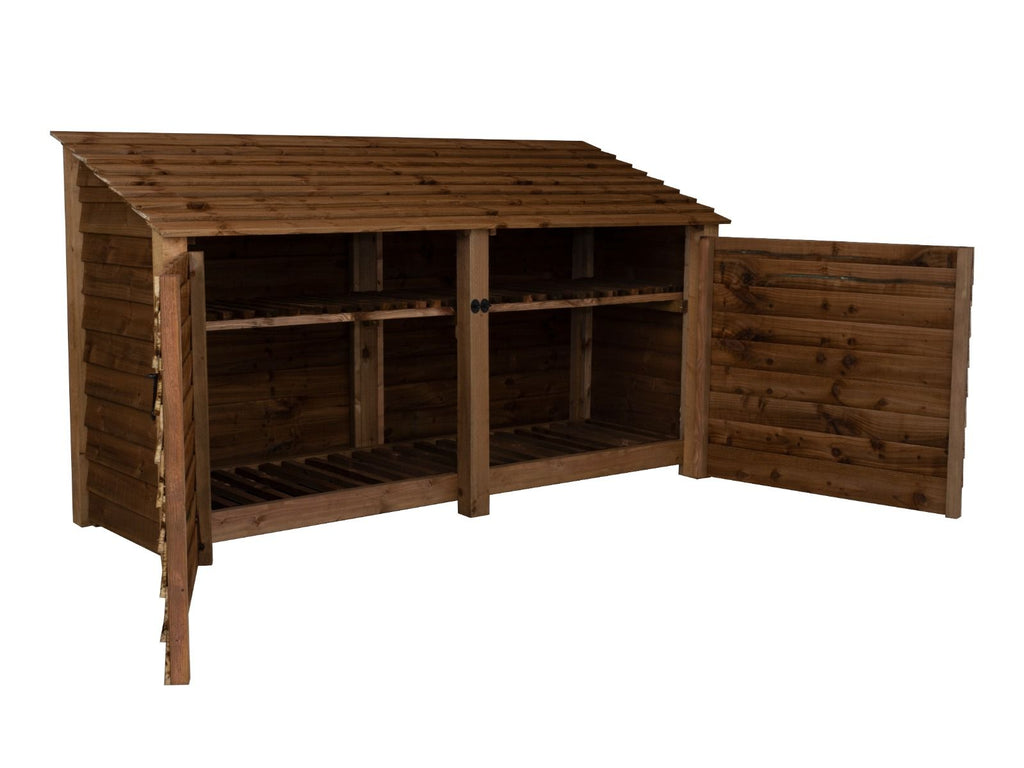 Wooden Log Store with Doors and Shelf W-227cm, H-126cm or 180cm, D-88cm - Brown Finish - SGP Garden Ltd