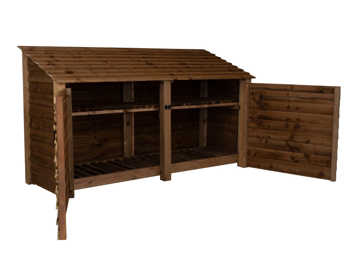 Wooden Log Store with Doors and Shelf W-227cm, H-126cm or 180cm, D-88cm - Brown Finish - SGP Garden Ltd