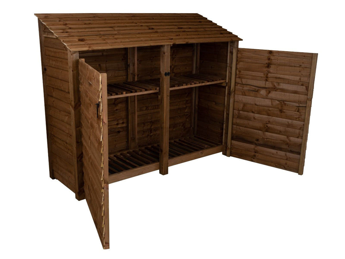 Wooden Log Store with Doors and Shelf W-227cm, H-126cm or 180cm, D-88cm - Brown Finish - SGP Garden Ltd