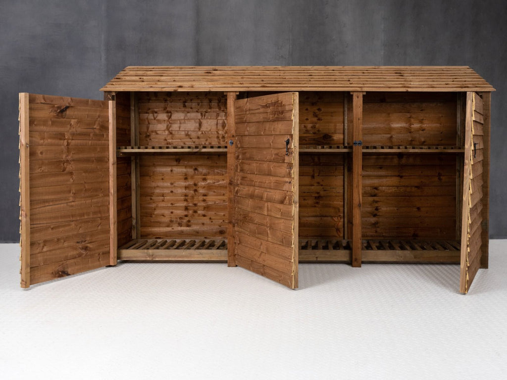 Wooden Log Store with Doors and Shelf W-335cm, H-126cm or 180cm, D-88cm - Brown Finish - SGP Garden Ltd
