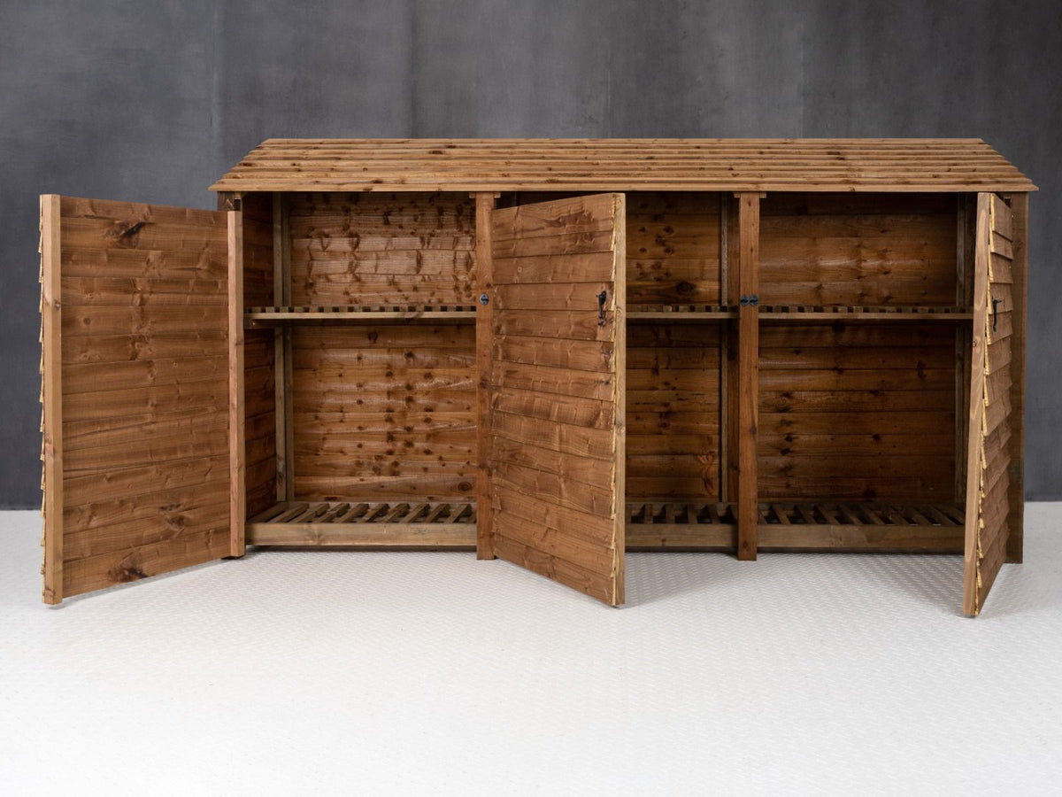 Wooden Log Store with Doors and Shelf W-335cm, H-126cm or 180cm, D-88cm - Brown Finish - SGP Garden Ltd