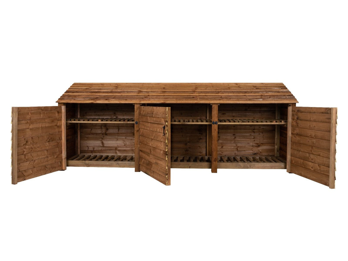 Wooden Log Store with Doors and Shelf W-335cm, H-126cm or 180cm, D-88cm - Brown Finish - SGP Garden Ltd
