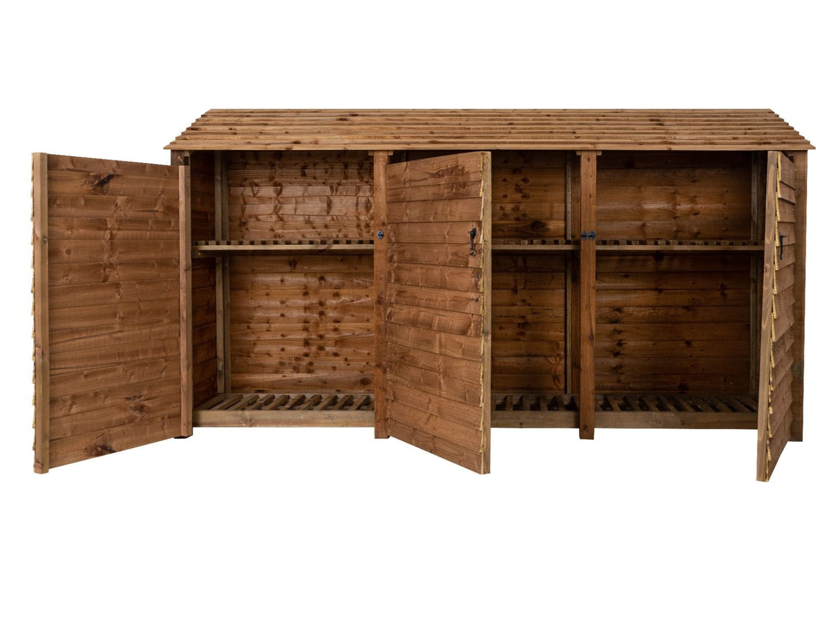 Wooden Log Store with Doors and Shelf W-335cm, H-126cm or 180cm, D-88cm - Brown Finish - SGP Garden Ltd