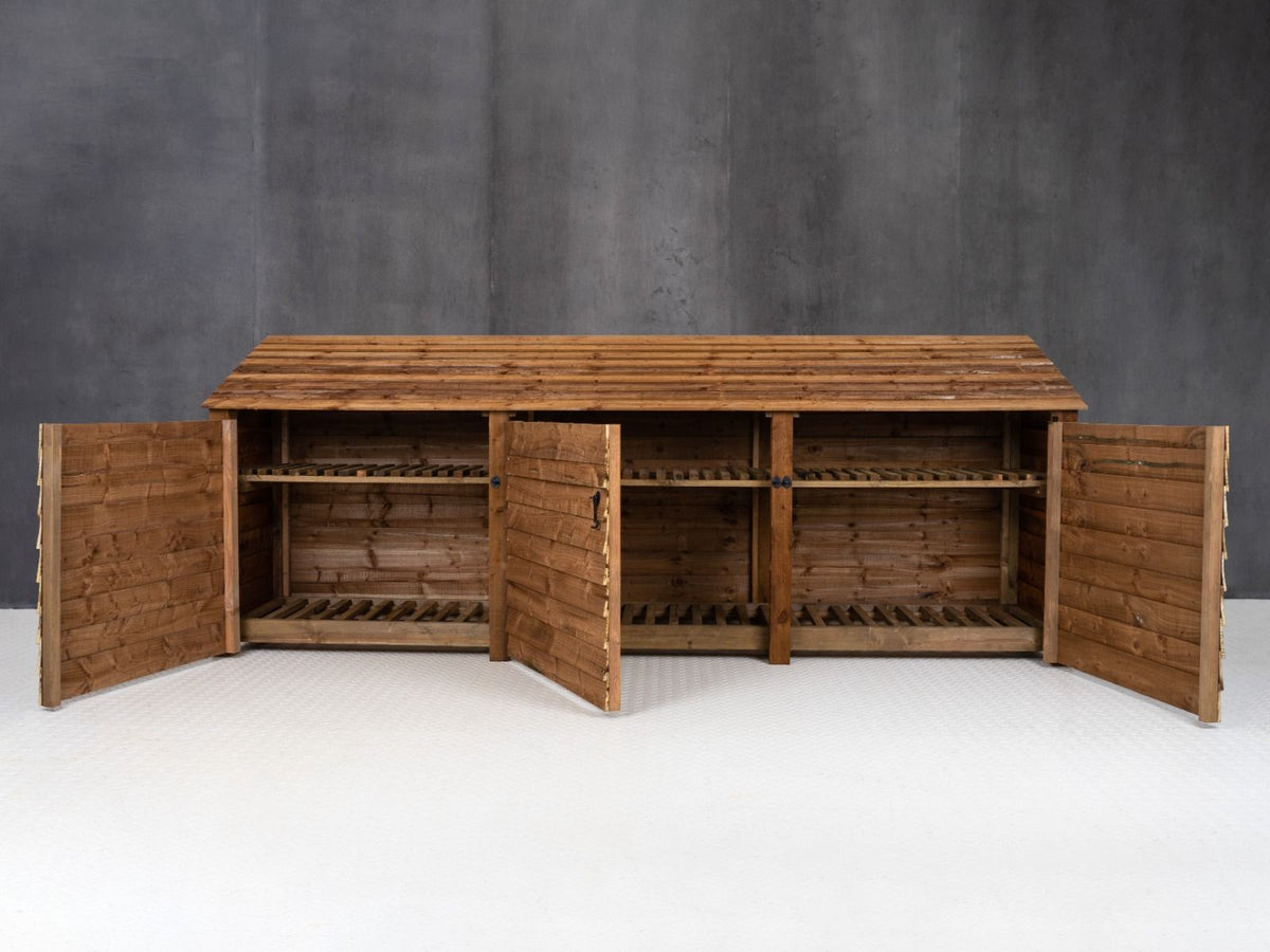 Wooden Log Store with Doors and Shelf W-335cm, H-126cm or 180cm, D-88cm - Brown Finish - SGP Garden Ltd