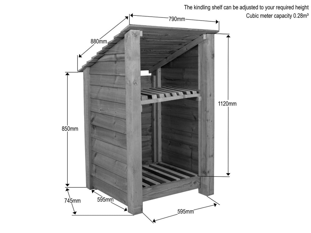 Wooden Log Store with Shelf (Roof Sloping Back) W-79cm, H-126cm or 180cm, D-88cm - SGP Garden Ltd