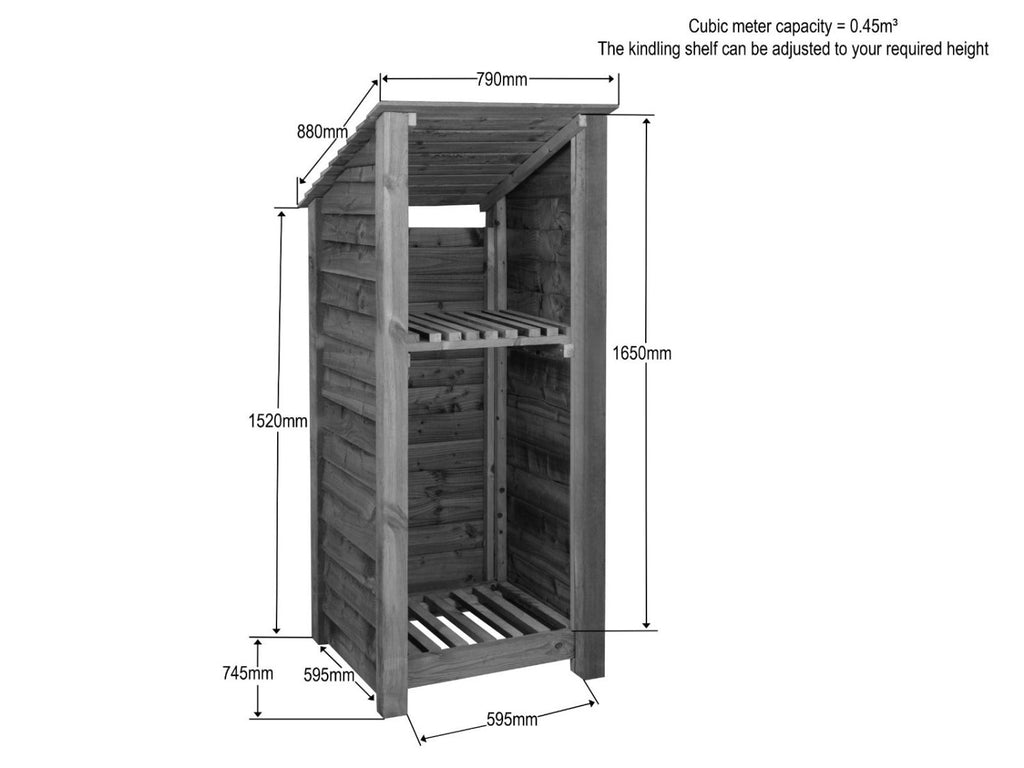 Wooden Log Store with Shelf (Roof Sloping Back) W-79cm, H-126cm or 180cm, D-88cm - SGP Garden Ltd