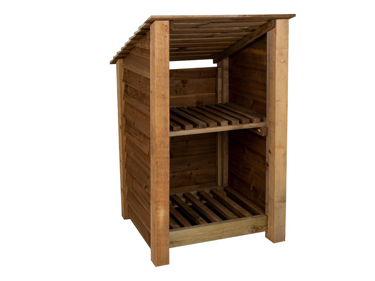 Wooden Log Store with Shelf (Roof Sloping Back) W-79cm, H-126cm or 180cm, D-88cm - Brown Finish - SGP Garden Ltd