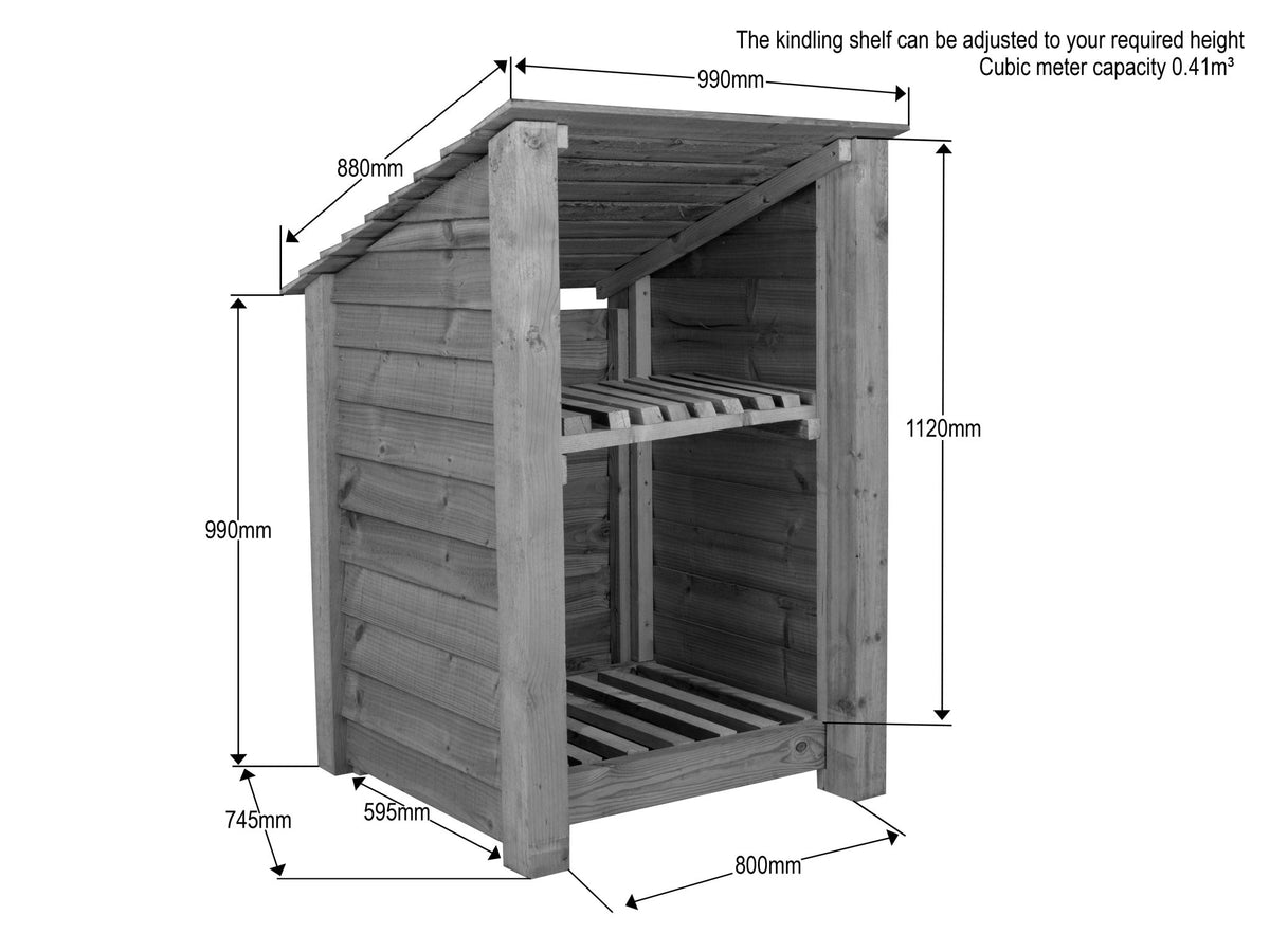 Wooden Log Store with Shelf (Roof Sloping Back) W-99cm, H-126cm Or 180cm, D-88cm - SGP Garden Ltd
