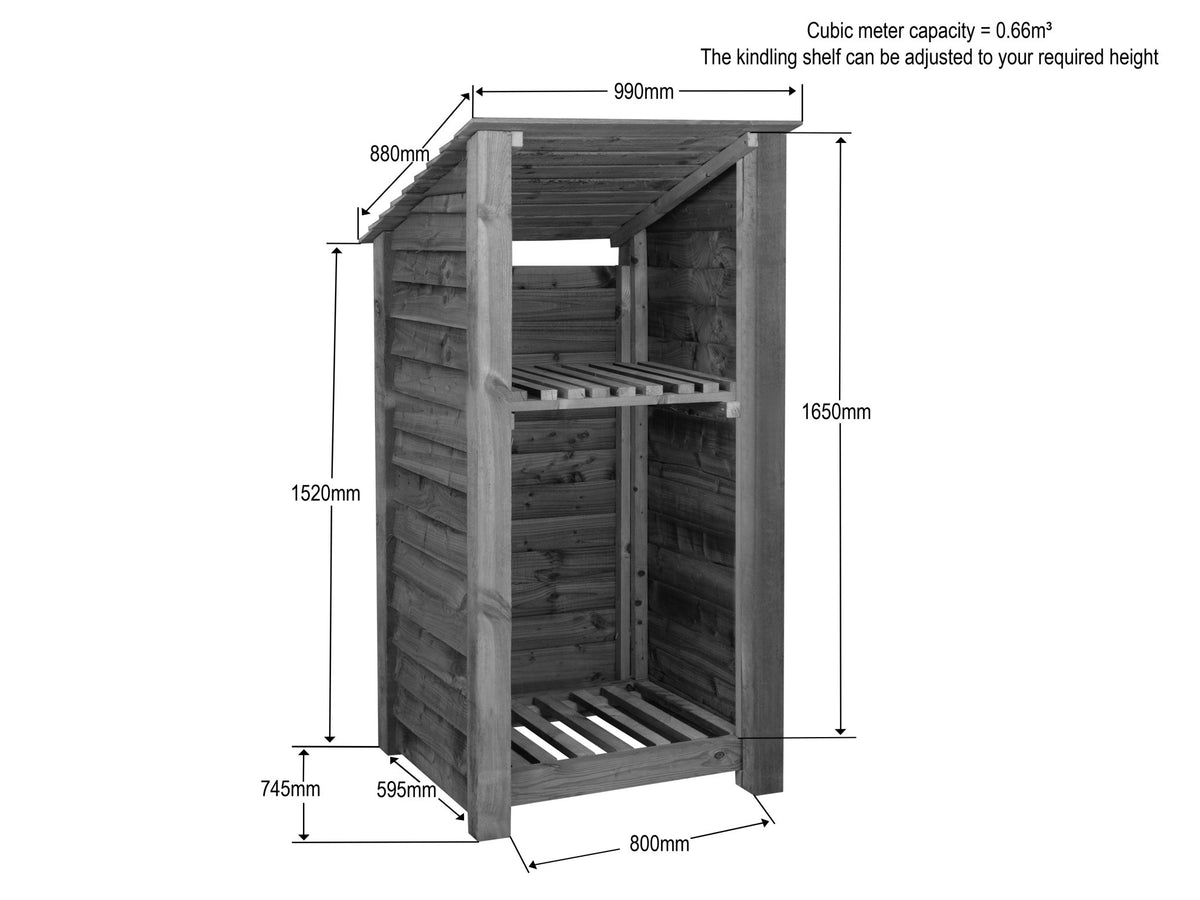 Wooden Log Store with Shelf (Roof Sloping Back) W-99cm, H-126cm Or 180cm, D-88cm - SGP Garden Ltd